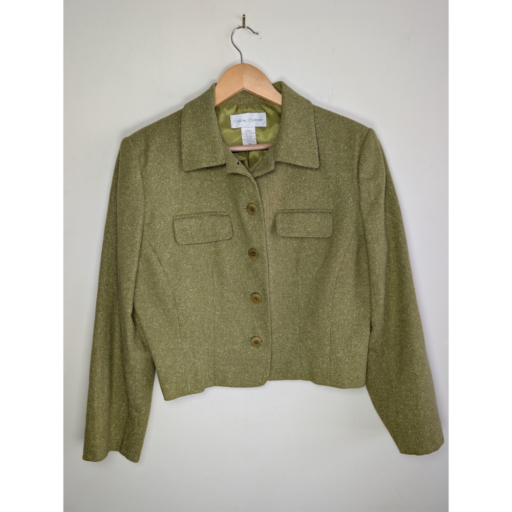 VTG Casual Corner Womens Green Tweed Blazer Jacket 10‎ Cropped Career Wool Silk